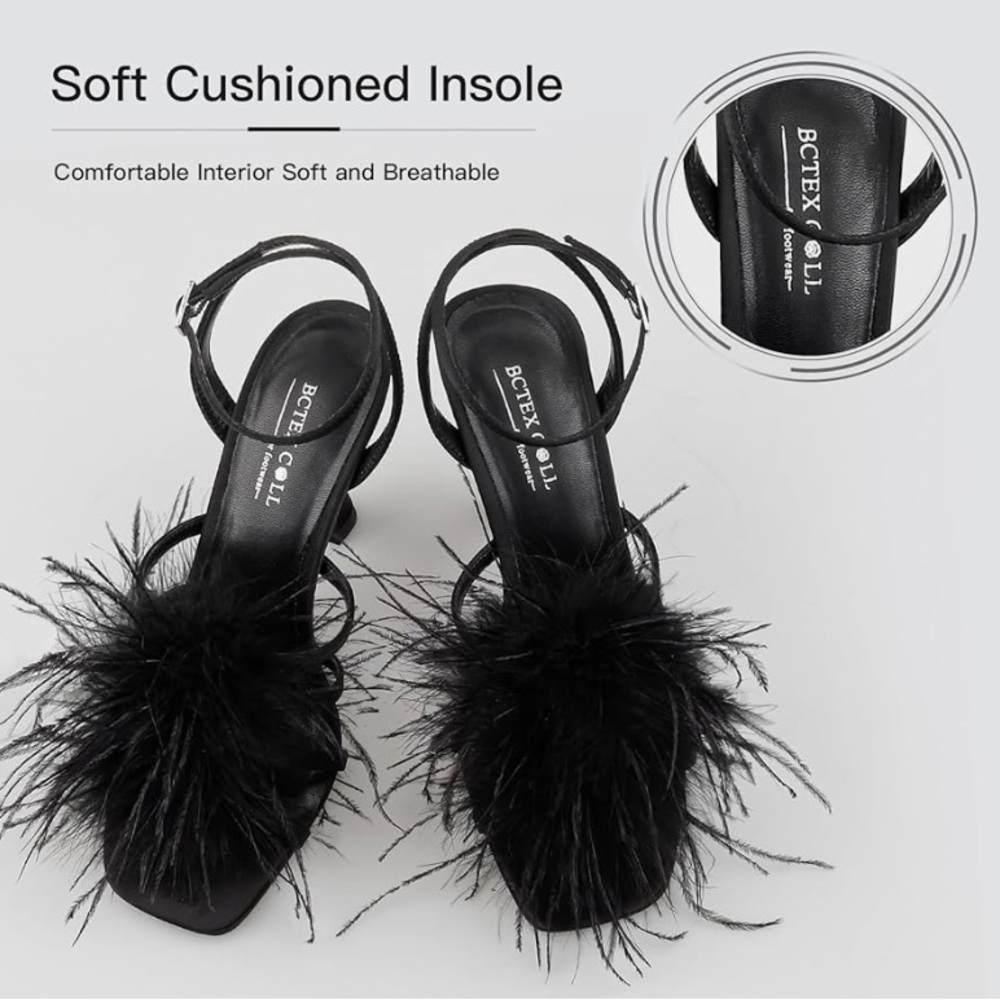 Size 9.5 Fluffy Feather Square Open Toe Ankle Strap Sexy Heel - Picture 2 of 8